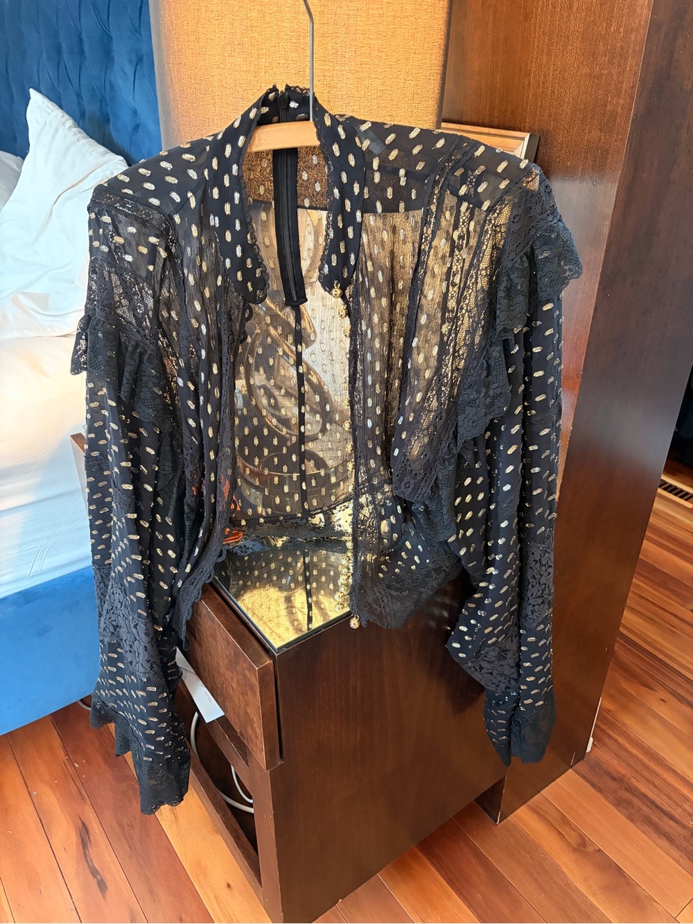Zimmermann Black Blouse with Metallic Gold Dot Print